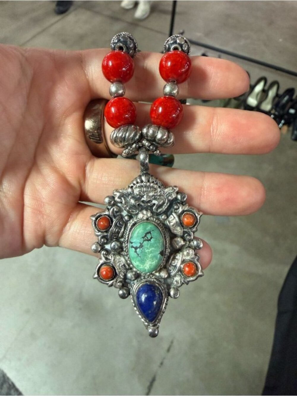 Vintage Tibetan Sterling Silver Necklace with Coral, Lapis and Turquoise